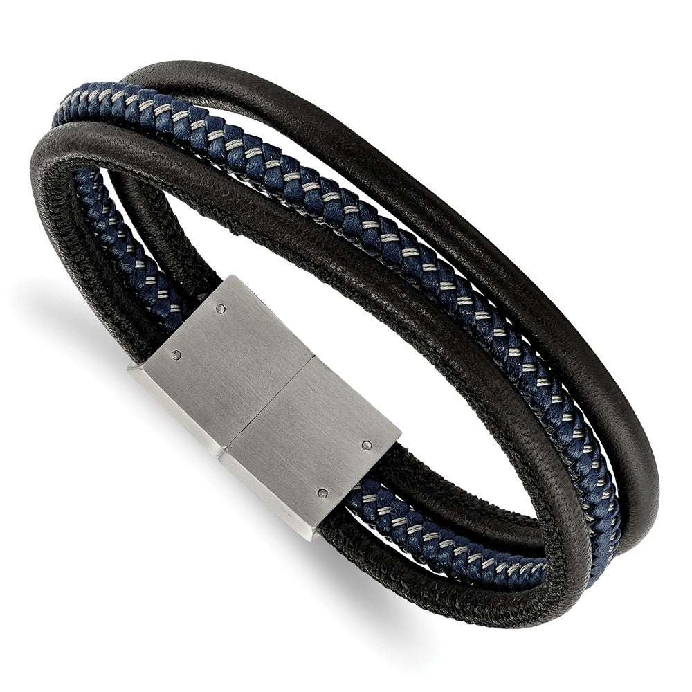 Stainless Steel Brushed Black & Blue Braided Leather 8in Bracelet 8 inches