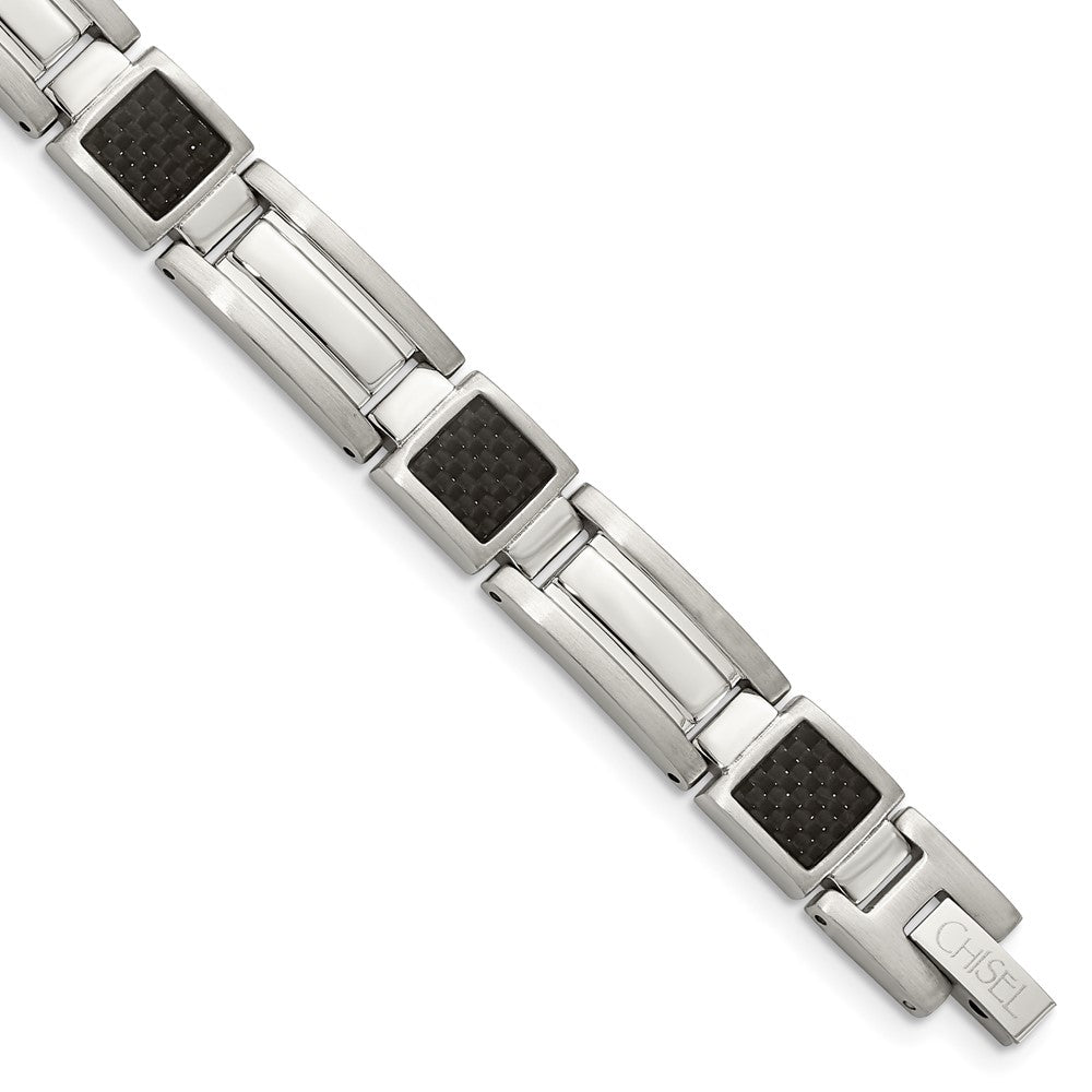 Stainless Steel Polished Black Carbon Fiber Inlay 8.75in Bracelet 8.75 inches