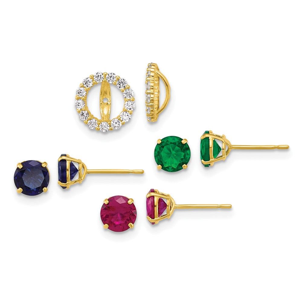 10k Set of Three Red, Blue and Green Glass Stone Studs with CZ Halo Jacket Post Earrings