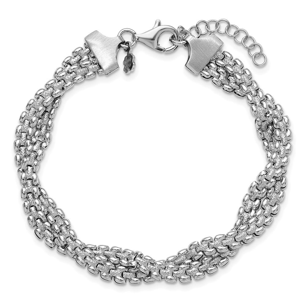 SS RH-plated Polish/Texture Braided w/ 1in ext. Bracelet 8  inches