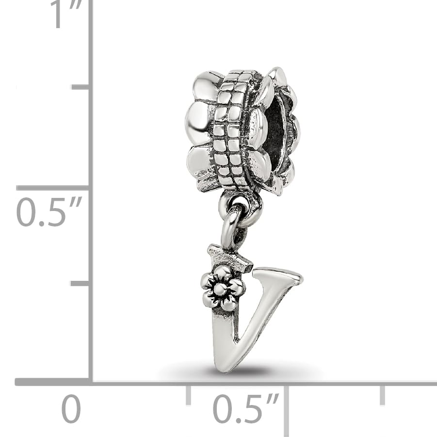 925 Sterling Silver Polished Artisan Oxidized Reflections Letter Name Personalized Monogram Initial V Dangle Bead Charm
