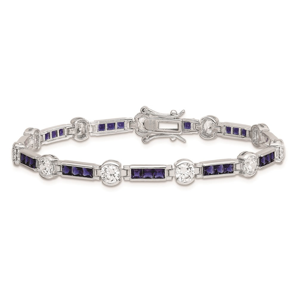 Sterling Silver Rhodium-plated Blue Glass and CZ 7.25 inch Bracelet 7.25 inches