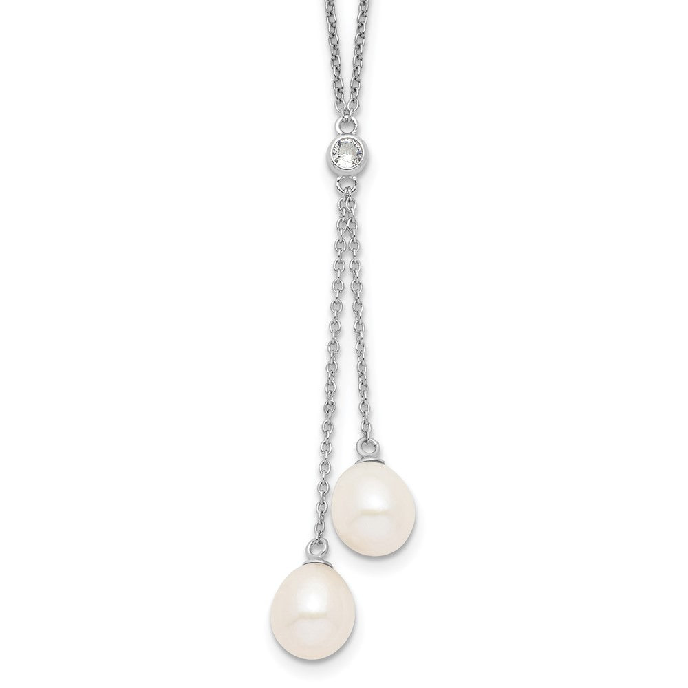 Sterling Silver Rhodium-plated 8-9mm White Rice Freshwater Cultured Pearl and CZ Dangle 18 inch Necklace 18 Inches
