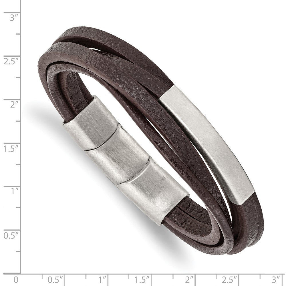 Stainless Steel Brushed Brown PU Leather Multi-Strand w/.5in ext Bracelet 8 inches