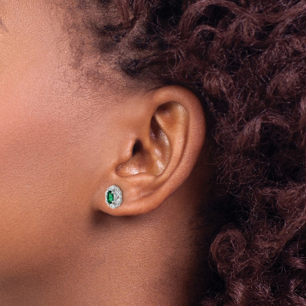 14k White Gold 1/20 carat Lab Grown Diamond VS/SI+ G+ and Oval Created Emerald Complete Halo Post Earrings