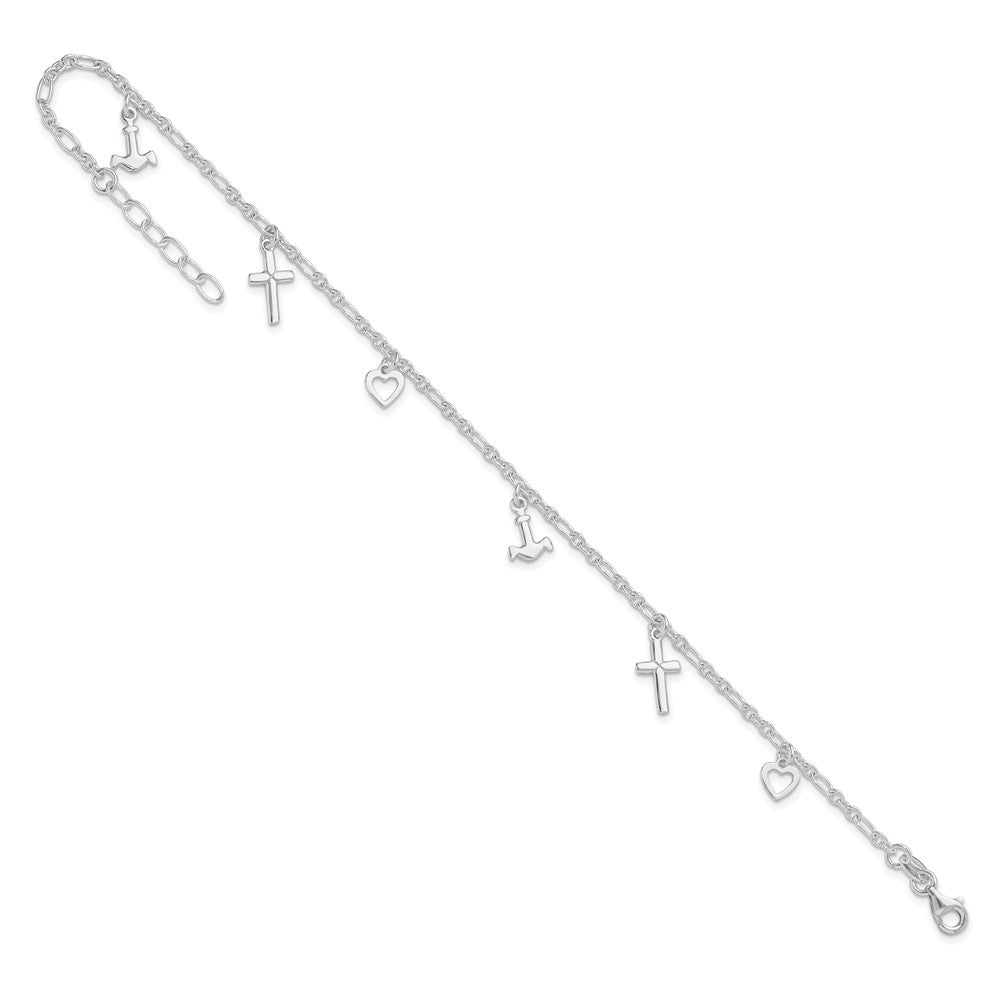 Sterling Silver Cross Heart and Anchor 9in Plus 1in ext Anklet 10 inches