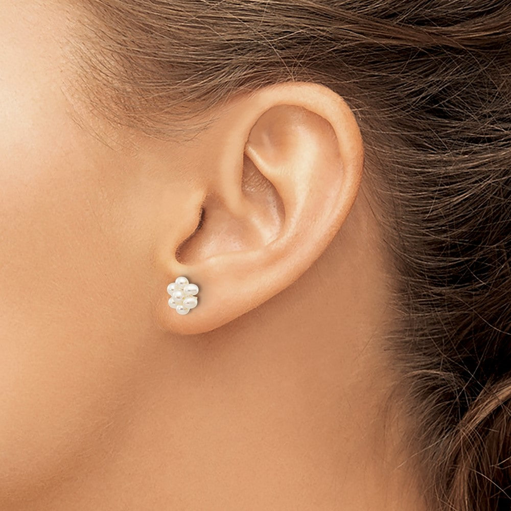 10k 2-3mm White Egg Freshwater Cultured Pearl Flower Post Earrings