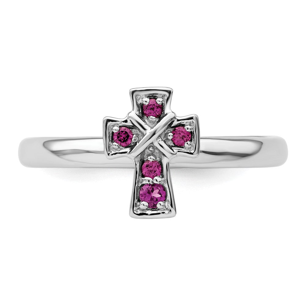 Sterling Silver Stackable Expressions Rhodium Rhodolite Garnet Cross Ring Size -8