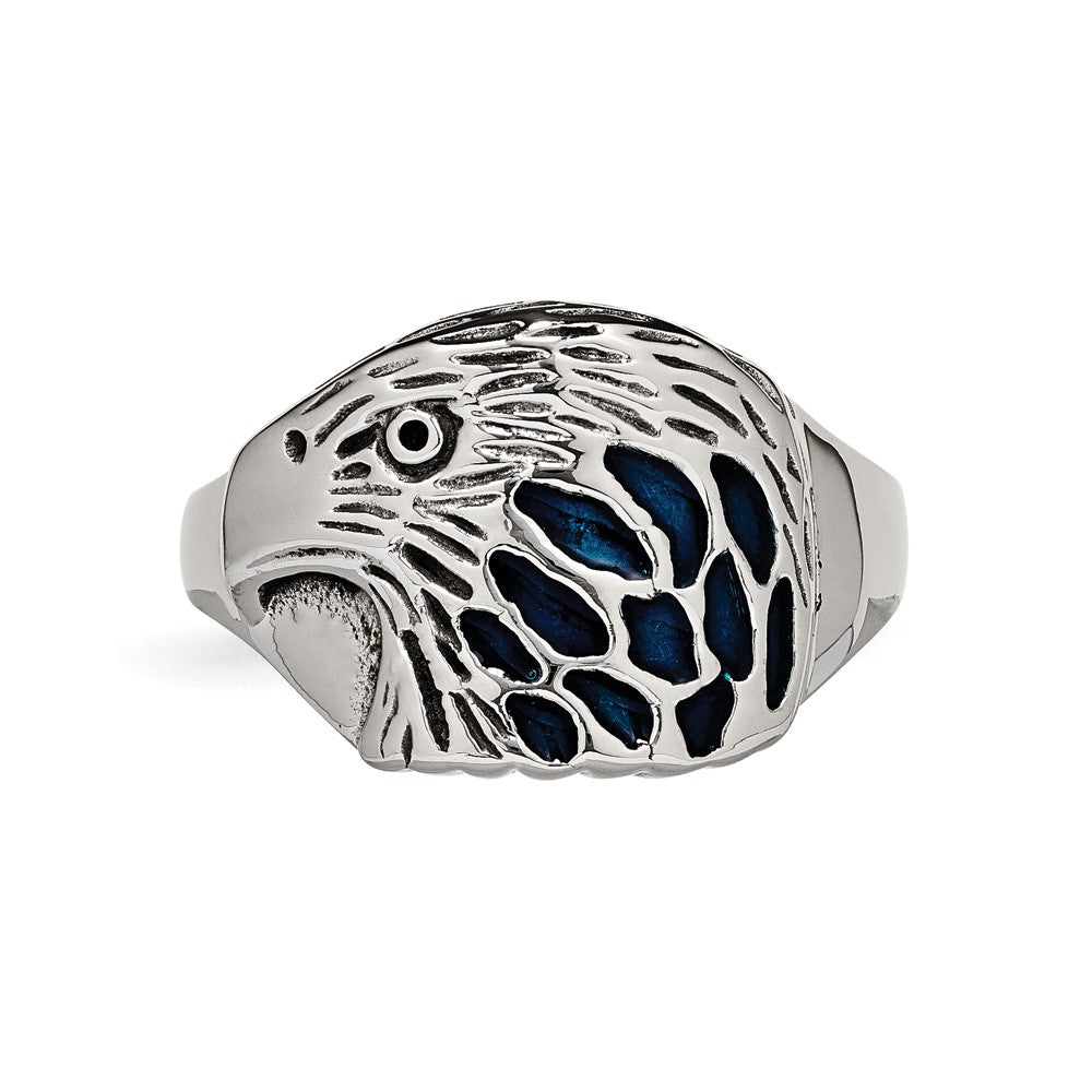 Stainless Steel Polished and Textured Blue Enamel Eagle Ring Size - 9
