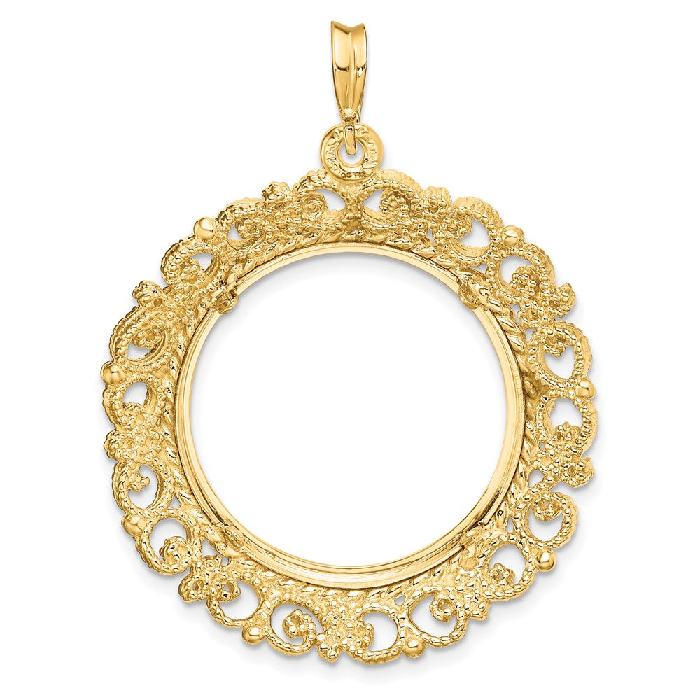 Wideband Distinguished Coin Jewelry 14k Polished and Textured Victorian 21.6mm Prong Coin Bezel Pendant