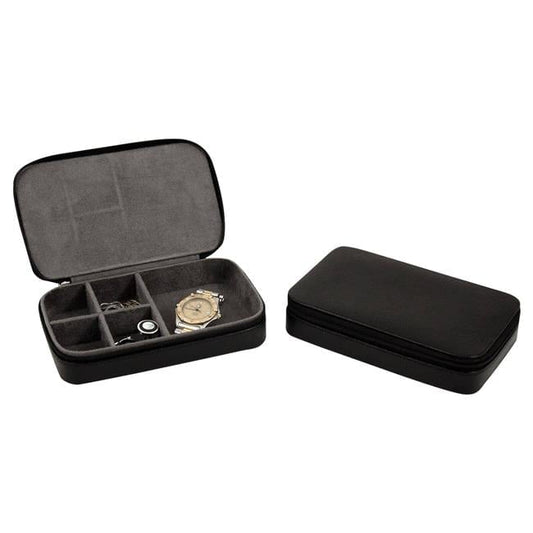 Bey-Berk International BB631BLK Leather Multi Compartment Jewelry Box with Zippered Closure - Black