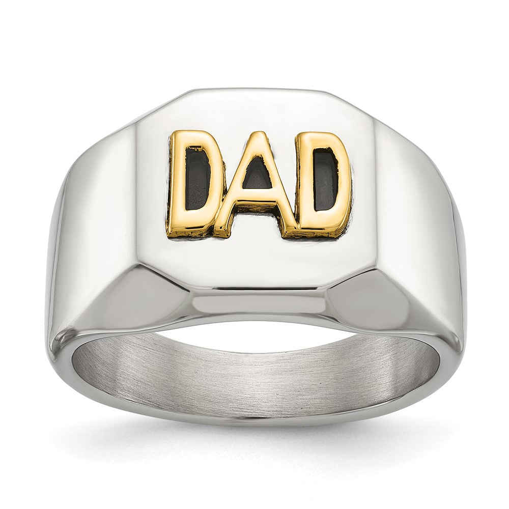 Chisel Stainless Steel Polished with 14K Gold Accent DAD with Black Enamel Signet Ring Size - 10
