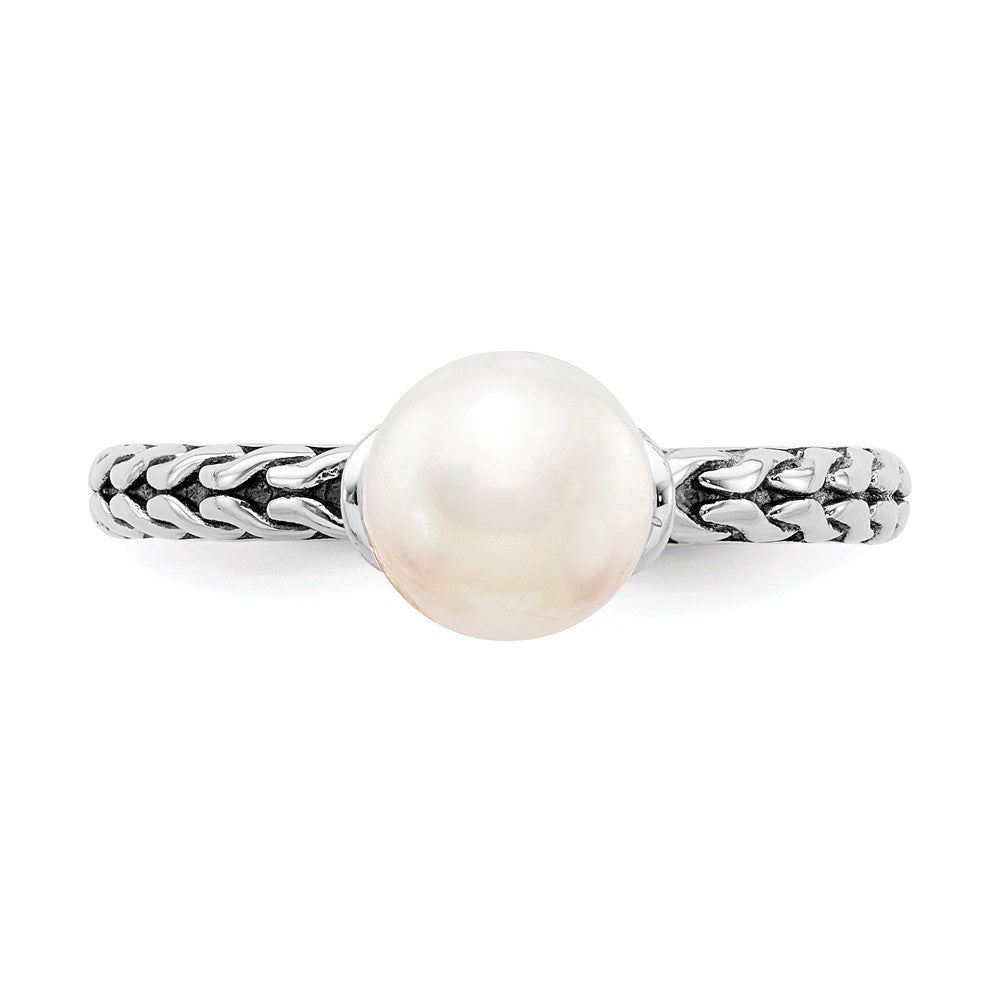 Sterling Silver Stack Exp. 7.0-7.5mm White FW Cultured Pearl Ring Size -6