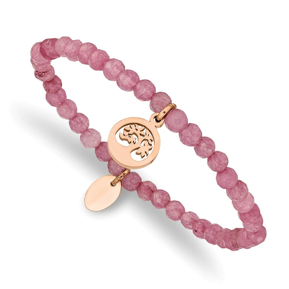 Stainless Steel Polished Rose IP Tree Pink Jade Beaded Stretch Bracelet 6.25 inches