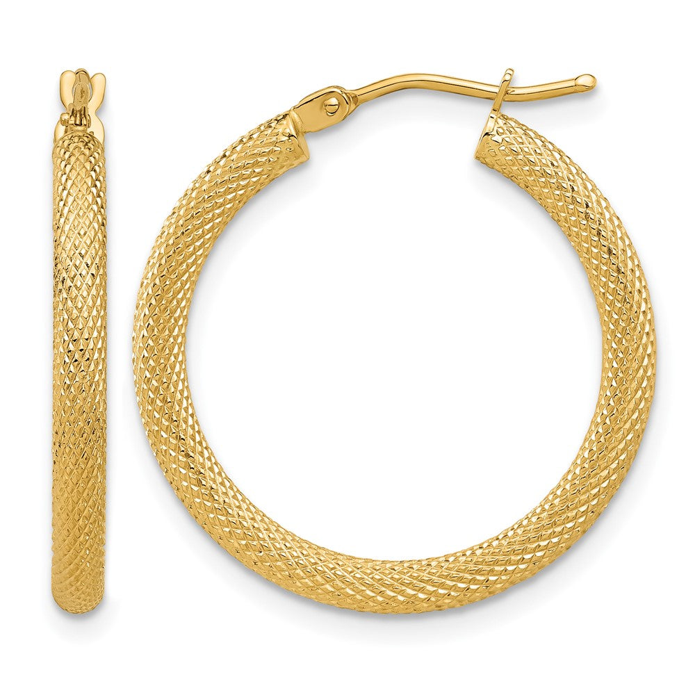 14K Polished and Textured Round Hoop Earrings
