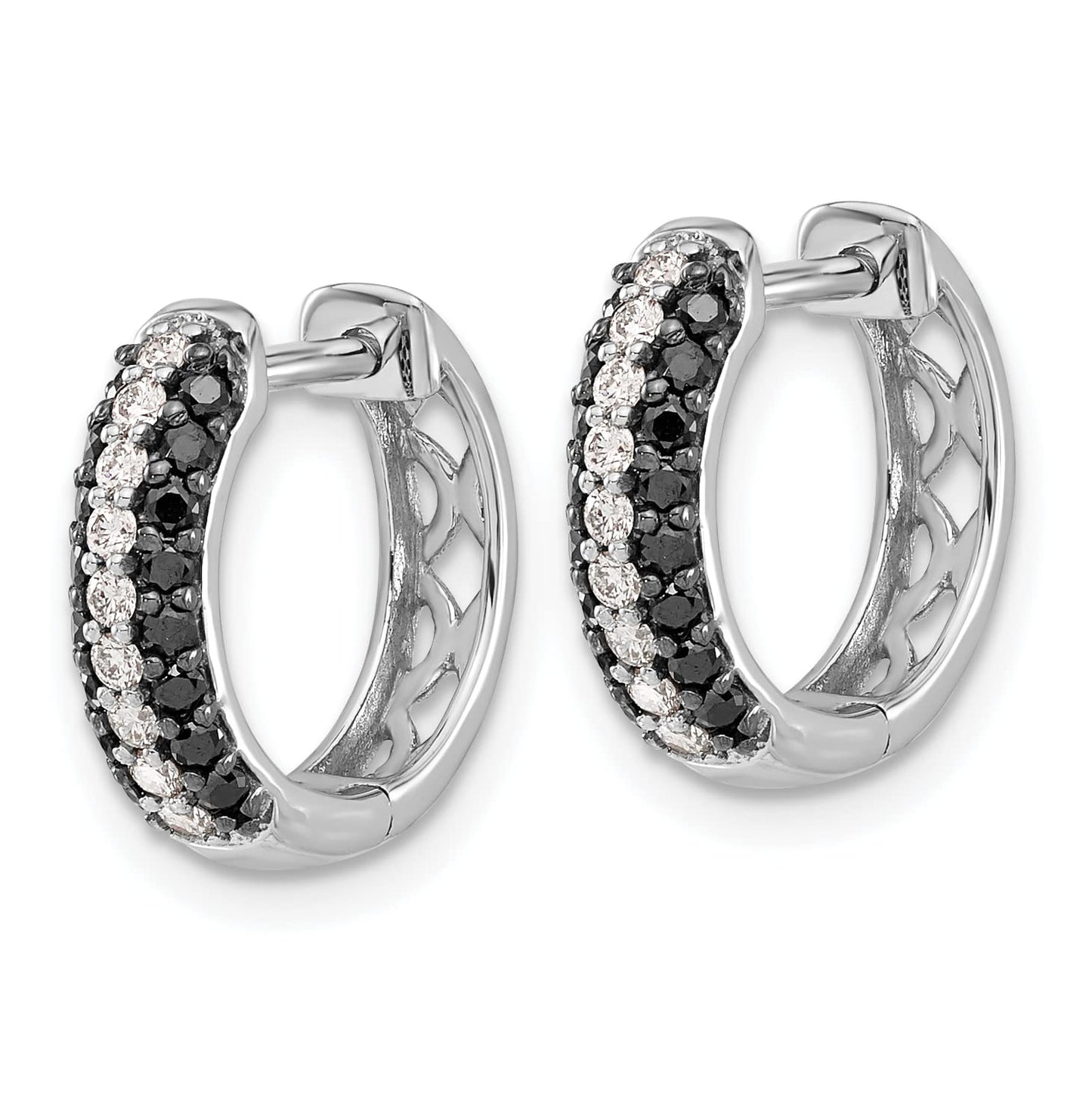 14k White Gold White and Black Diamond Hinged Hoop Earrings EM5398