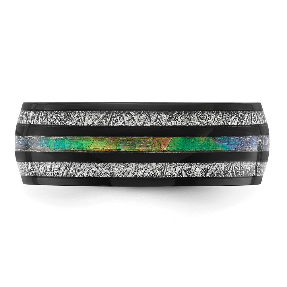 Chisel Stainless Steel Polished Black IP-plated with Abalone and Imitation Meteorite 8mm Band Size - 12