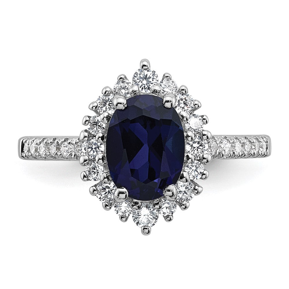 Sterling Silver Rhodium-plated Polished Lab Created Sapphire and CZ Oval Halo Size 6 Ring