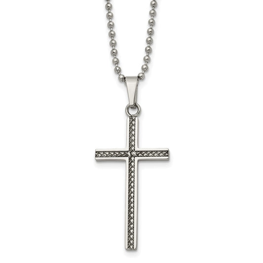 Stainless Steel Polished and Textured Cross 20in Necklace
