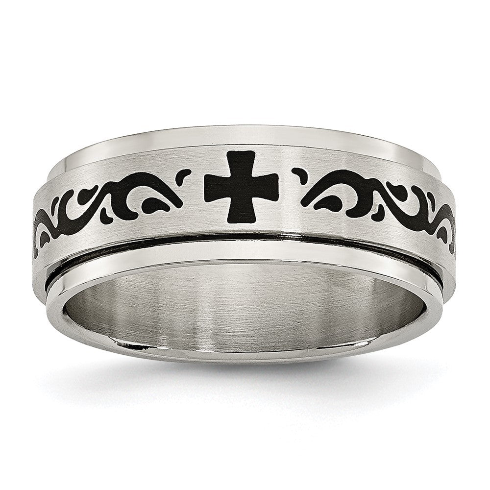 Stainless Steel Brushed/Polished Enamel Rotating Swirl Design 8mm Band Size - 10.5