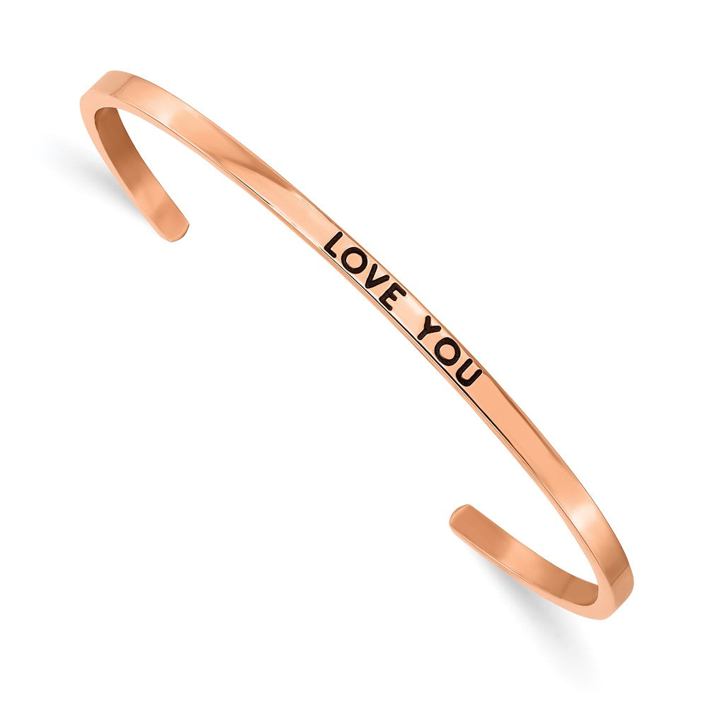 Stainless Steel Polished Rose IP Enamel/Crystal LOVE YOU 3mm Cuff Bangle 7 inches