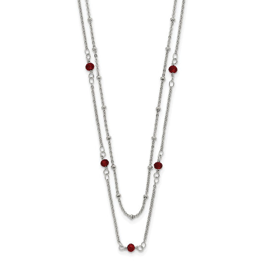 Stainless Steel Polished 2-Strand Red Crystal Beaded w/1in ext. Necklace