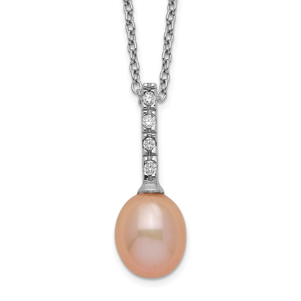 Sterling Silver Rhodium-plated 7-8mm Pink Teardrop Freshwater Cultured Pearl and CZ 17 inch Necklace 17 Inches
