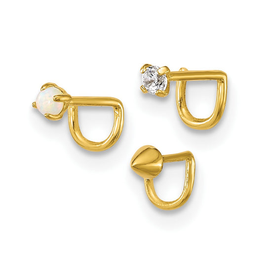10k Polished 22 Gauge Set of Three CZ, Lab Created Opal and Spike Nose Studs