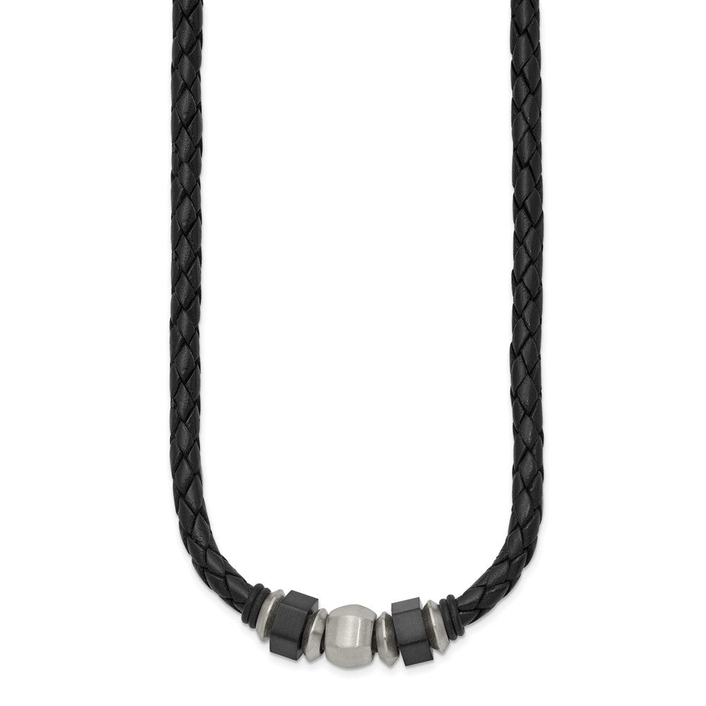 Stainless Steel Brushed Black IP-plated Leather & Rubber Necklace