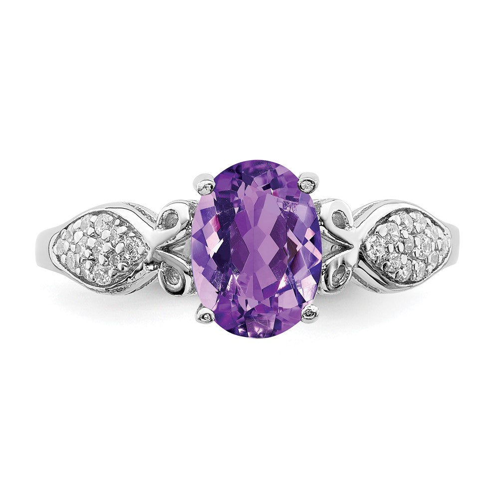 Sterling Silver Rhod-plated Polished Amethyst and White CZ Ring
