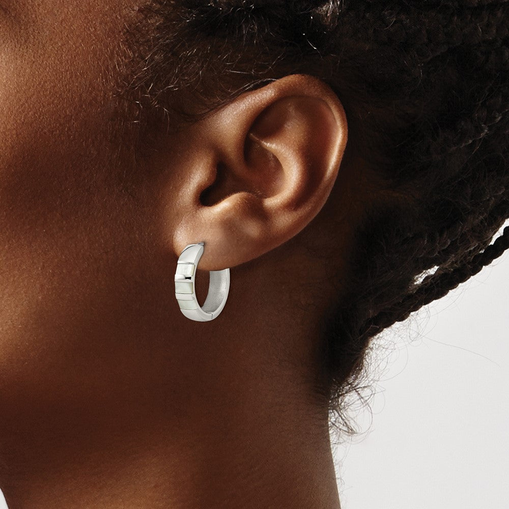 Stainless Steel Polished with Shell Pearl 5mm Hinged Hoop Earrings