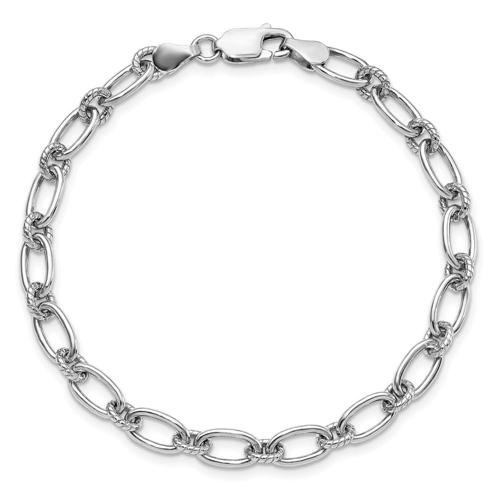 Sterling Silver Rhod-plated Textured Fancy Link Bracelet 7.5  inches