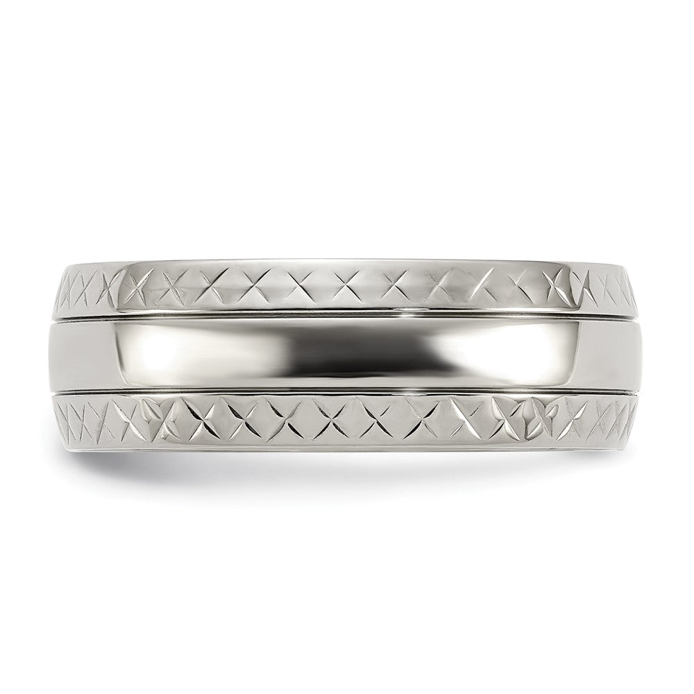 Titanium Polished Grooved Criss Cross Design 7mm Band Size - 9