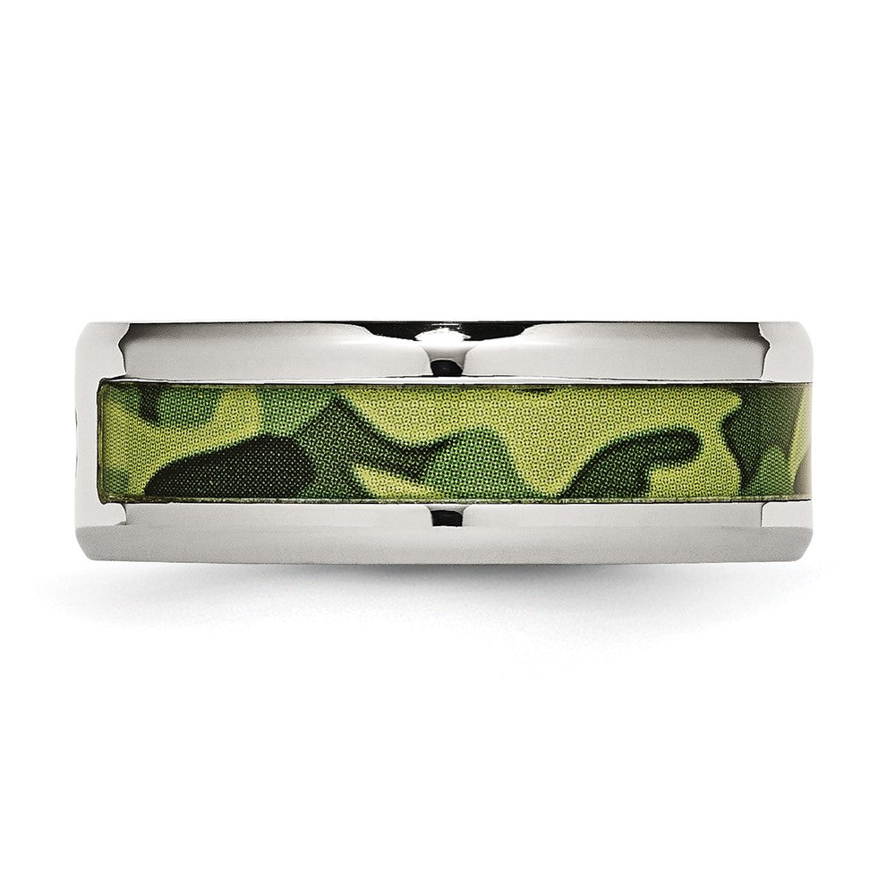Stainless Steel Polished w/ CZ Printed Green Camo Under Rubber Band Size - 9