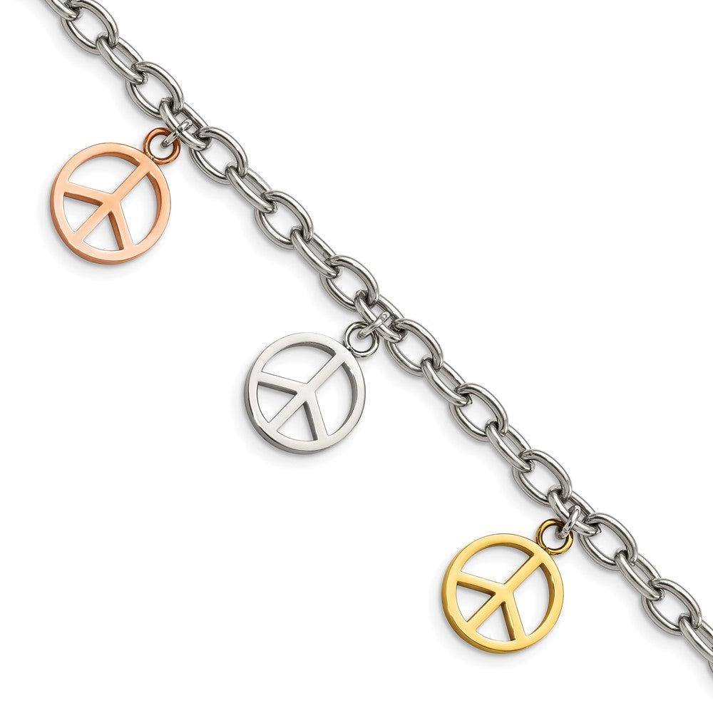 Stainless Steel Polished Rose & Yellow IP Peace Sign Charms 8.5in Bracelet 8.5 inches