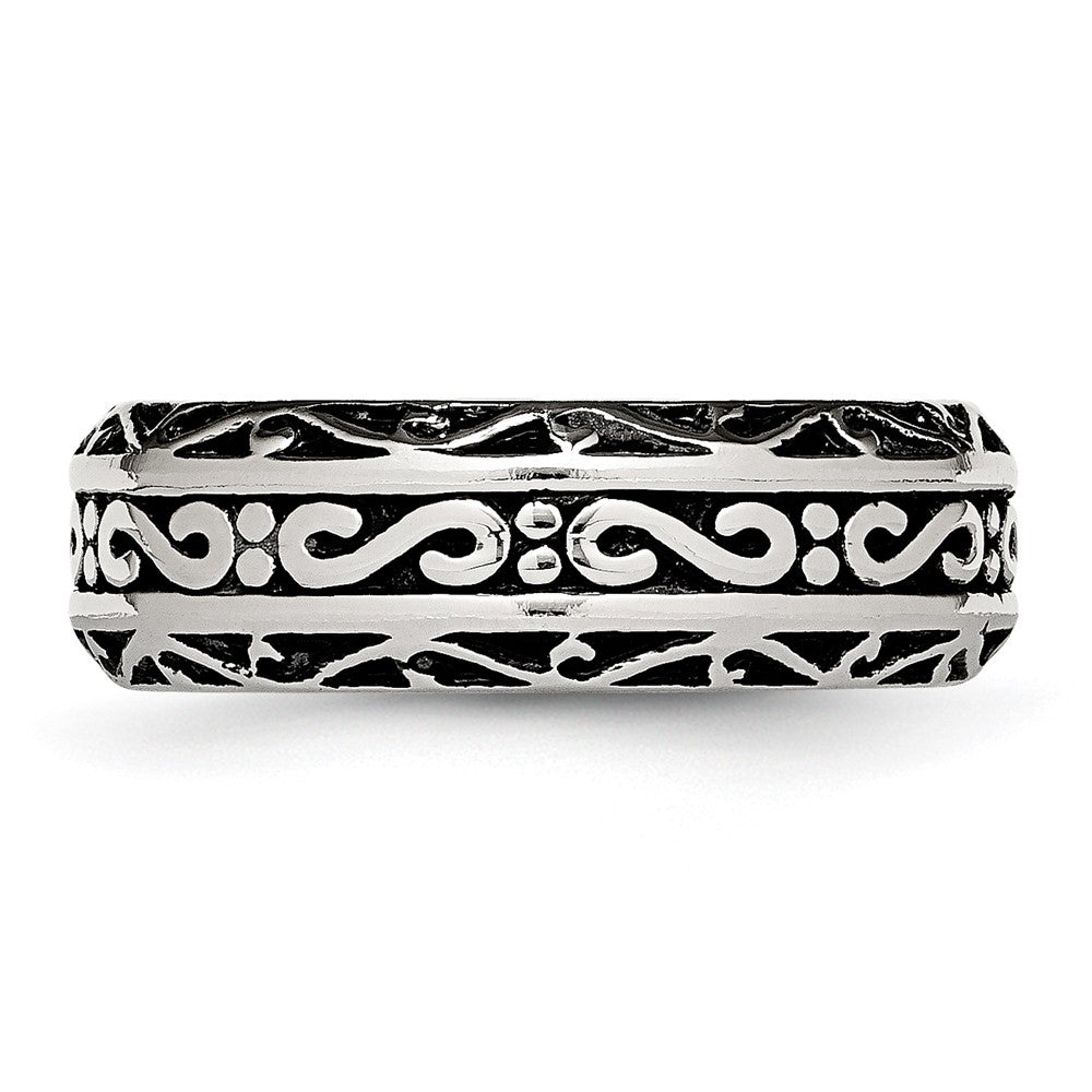 Stainless Steel Antiqued and Polished Swirl Design 7mm Band Size - 9
