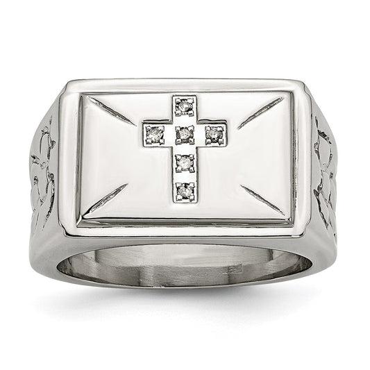 Stainless Steel Polished/Textured 1/15ct Diamond Cross 13.25mm Band Size - 11