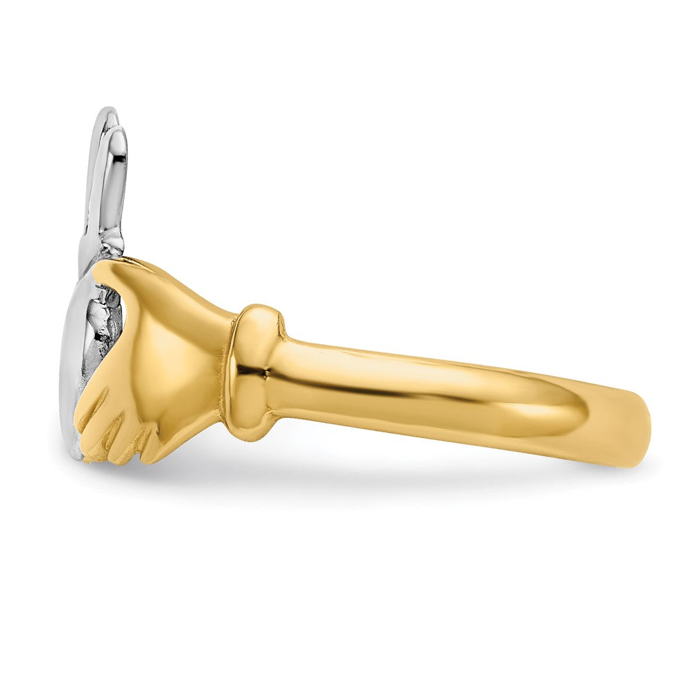 14k Polished and Rhodium Claddagh Ring Size 6.5