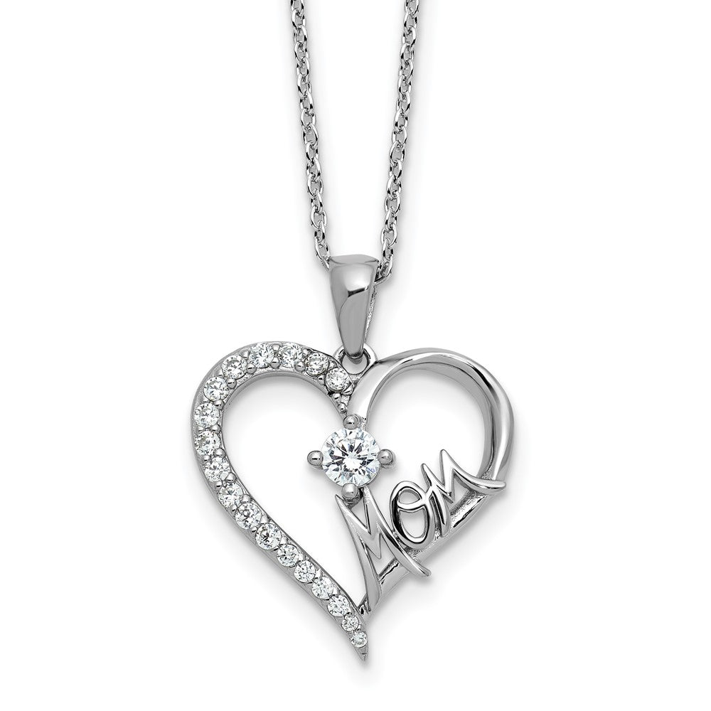 Cheryl M Sterling Silver Rhodium-plated Polished CZ Mom Heart with 2 Inch Extension Necklace 18 Inches