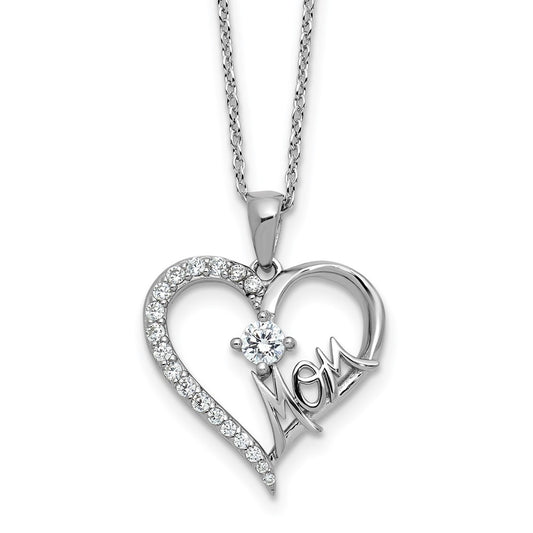 Cheryl M Sterling Silver Rhodium-plated Polished CZ Mom Heart with 2 Inch Extension Necklace 18 Inches