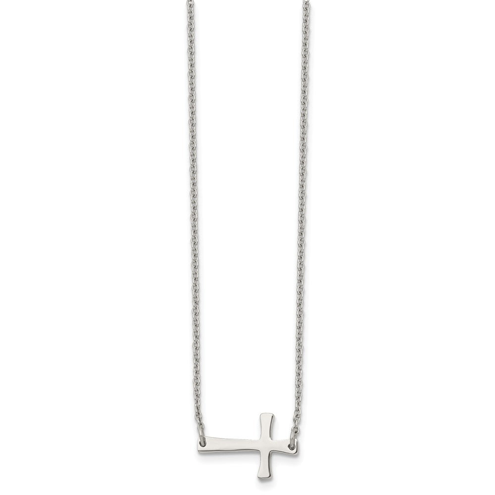 Stainless Steel Polished Sideways Cross 16in Necklace