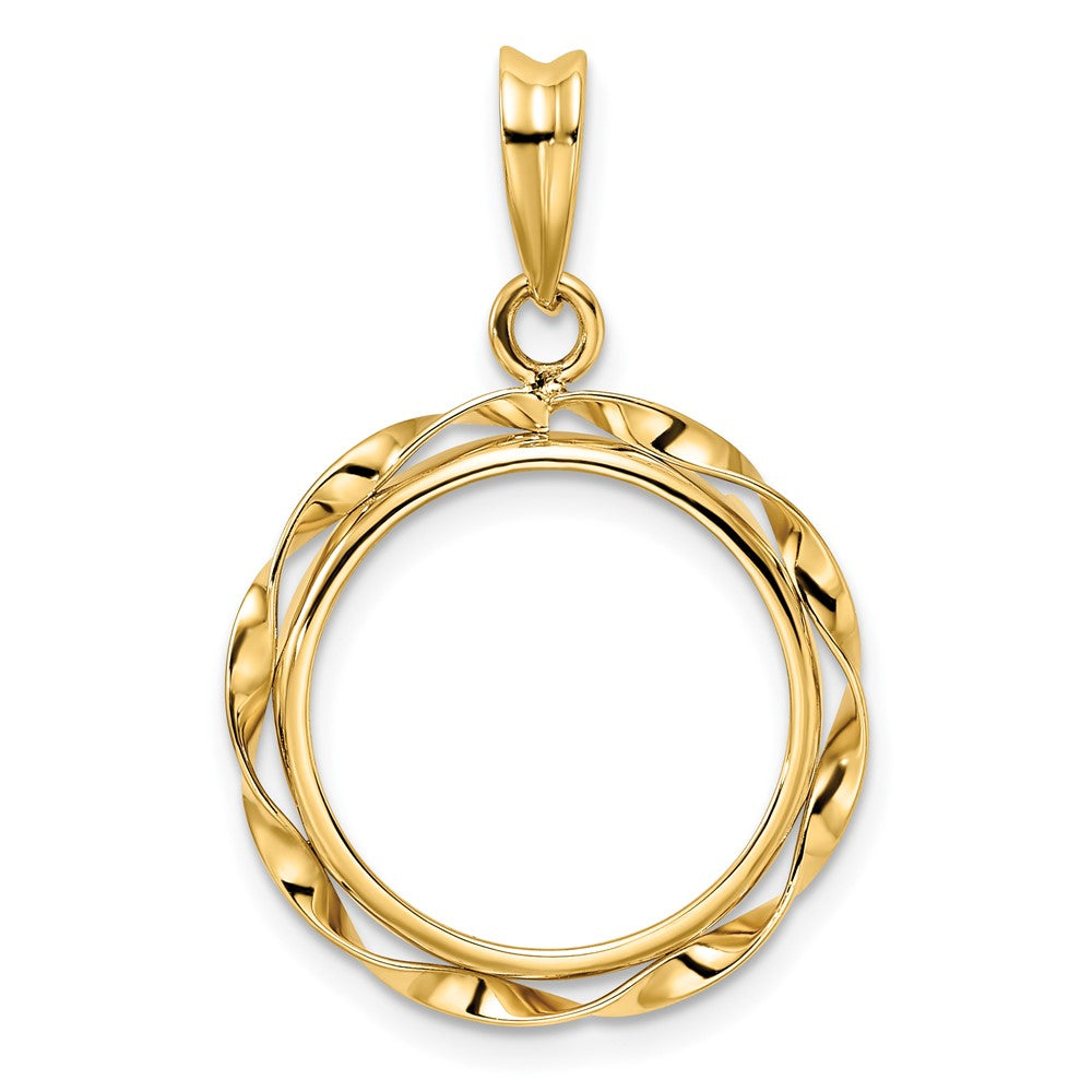 Wideband Distinguished Coin Jewelry 14k Polished Hand Twisted Ribbon 16.5mm Prong Coin Bezel Pendant
