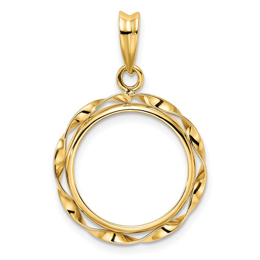 Wideband Distinguished Coin Jewelry 14k Polished Hand Twisted Ribbon 16.5mm Prong Coin Bezel Pendant