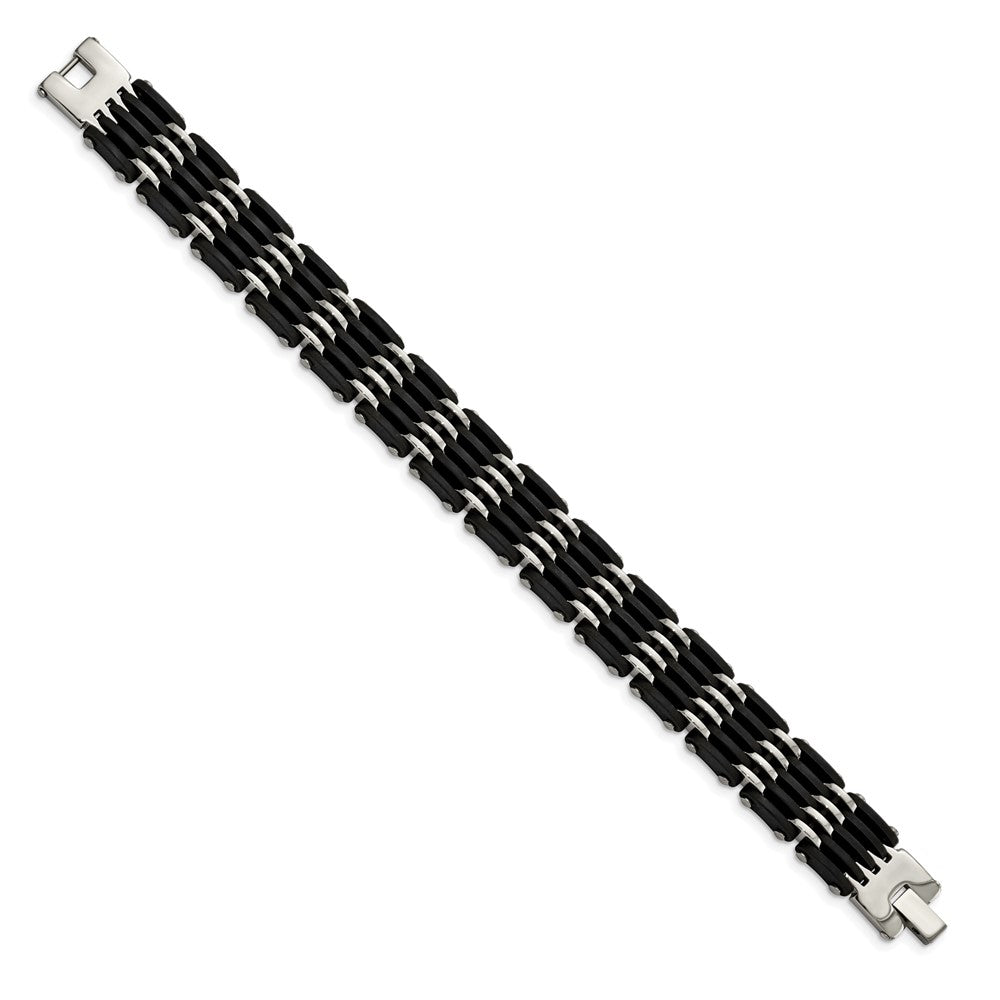 Stainless Steel Polished with Black Rubber 8.25in Bracelet 8.25 inches
