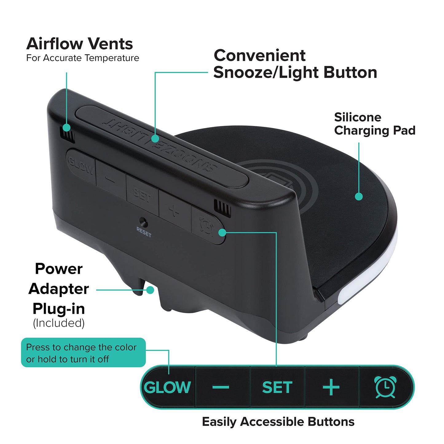 La Crosse Technology 617-148V2 Black Wireless Charging Alarm Clock with Glowing LED Base