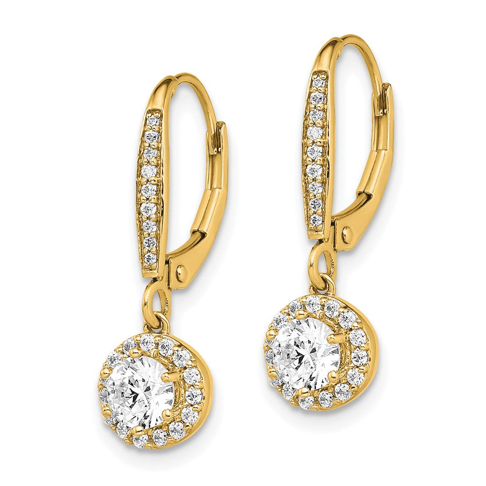 14k 1 carat Lab Grown Diamond VS/SI+ G+ Complete Round Halo Drop Leverback Earrings