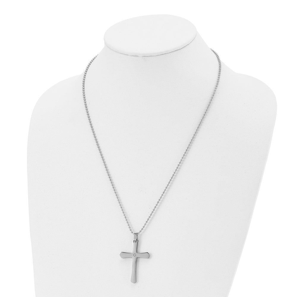 Stainless Steel Polished w/14k Accent .02ct Diamond Cross 22 inch Necklace