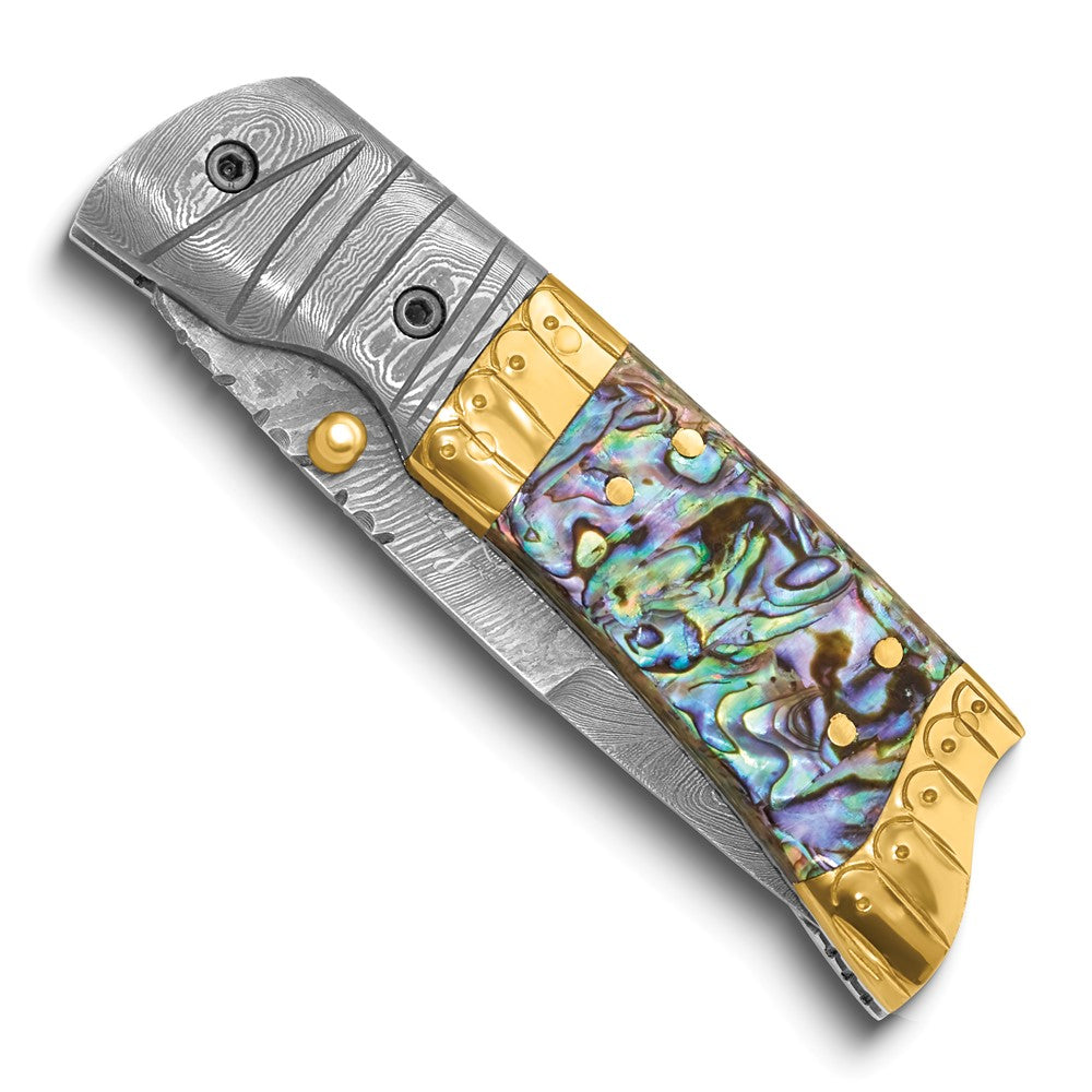Luxury Giftware by Jere Damascus Steel 256 Layer Folding Blade Genuine Abalone Shell Handle Knife with Leather Sheath and Wooden Gift Box