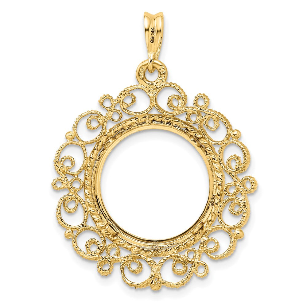 Wideband Distinguished Coin Jewelry 14k Polished and Textured Victorian 16.5mm Prong Coin Bezel Pendant
