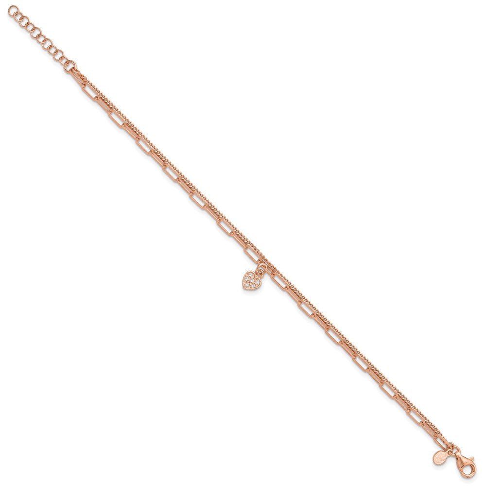 Sterling Silver Rose Gold-plated CZ Heart 6.75in w/1in ext. Bracelet 8 inches